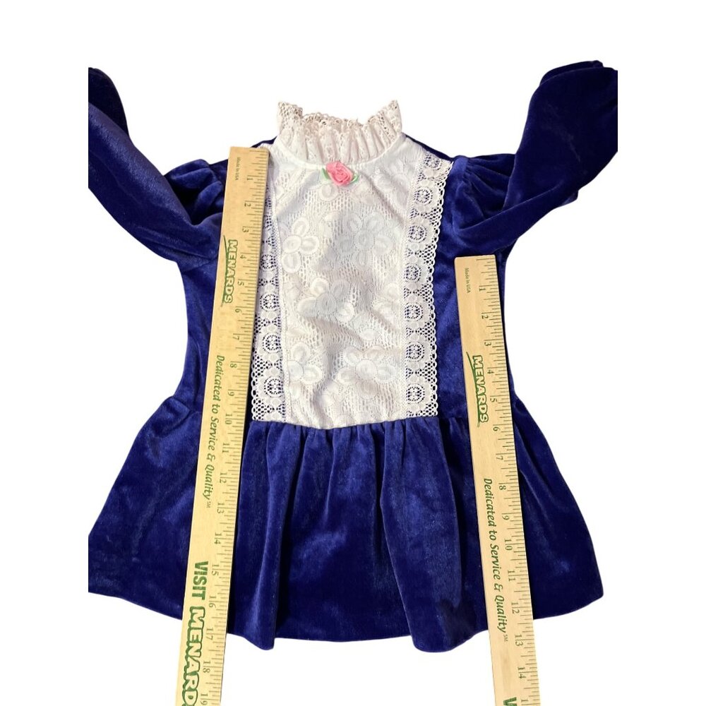 Vintage Toddler Girls 4T Blue Velvet Lace Dress Long Sleeve Party Holiday Used - Picture 10 of 16